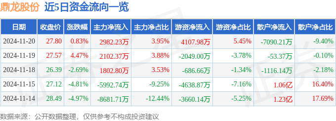股票行情快報：鼎龍股份（300054）11月20日主力資金凈買入2982.23萬元