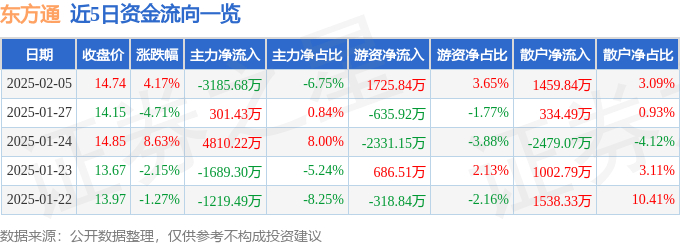 股票行情快報(bào)：東方通（300379）2月5日主力資金凈賣出3185.68萬元