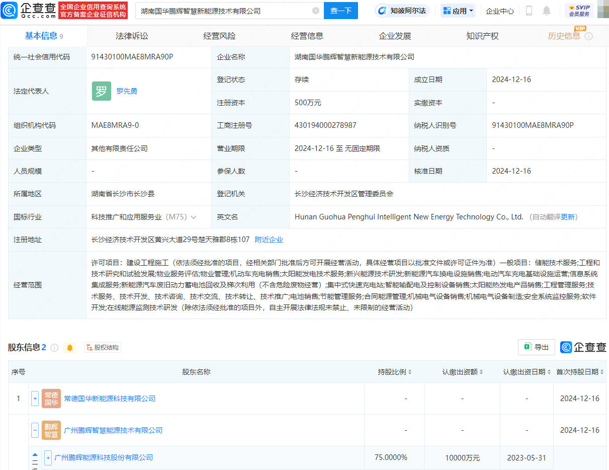 鵬輝能源等投資成立智慧新能源技術(shù)公司