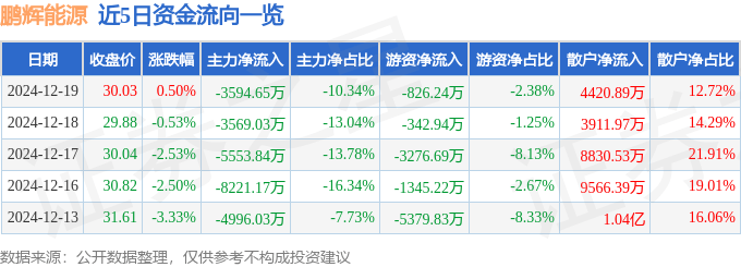 股票行情快報：鵬輝能源（300438）12月19日主力資金凈賣出3594.65萬元