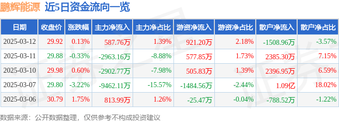 股票行情快報(bào)：鵬輝能源（300438）3月12日主力資金凈買入587.76萬(wàn)元