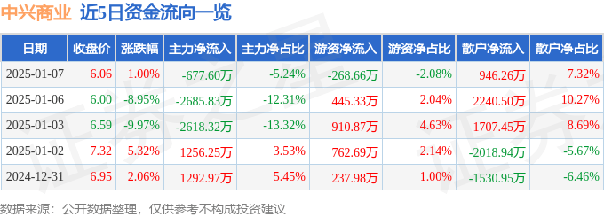 股票行情快報(bào)：中興商業(yè)（000715）1月7日主力資金凈賣出677.60萬元