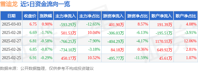 股票行情快報(bào)：雪迪龍（002658）3月3日主力資金凈賣出593.29萬元