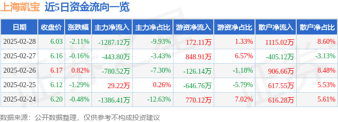股票行情快報(bào)：上海凱寶（300039）2月28日主力資金凈賣出1287.12萬元