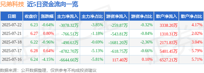 股票行情快報：兄弟科技（002562）7月22日主力資金凈賣出3078.32萬元