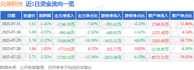 股票行情快報(bào)：兄弟科技（002562）7月31日主力資金凈賣(mài)出1746.59萬(wàn)元