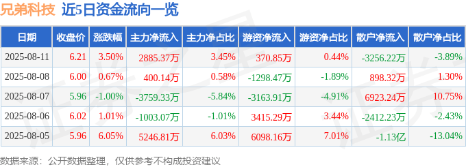 股票行情快報：兄弟科技（002562）8月11日主力資金凈買入2885.37萬元